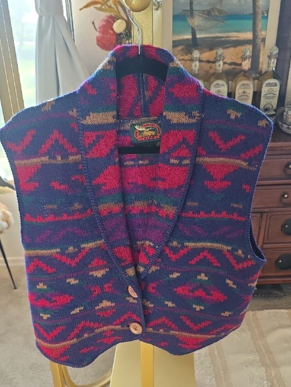 Multi Color Southwestern Aztec Open Front Jacket Wool 2 Button Vest Medium - Picture 6 of 13